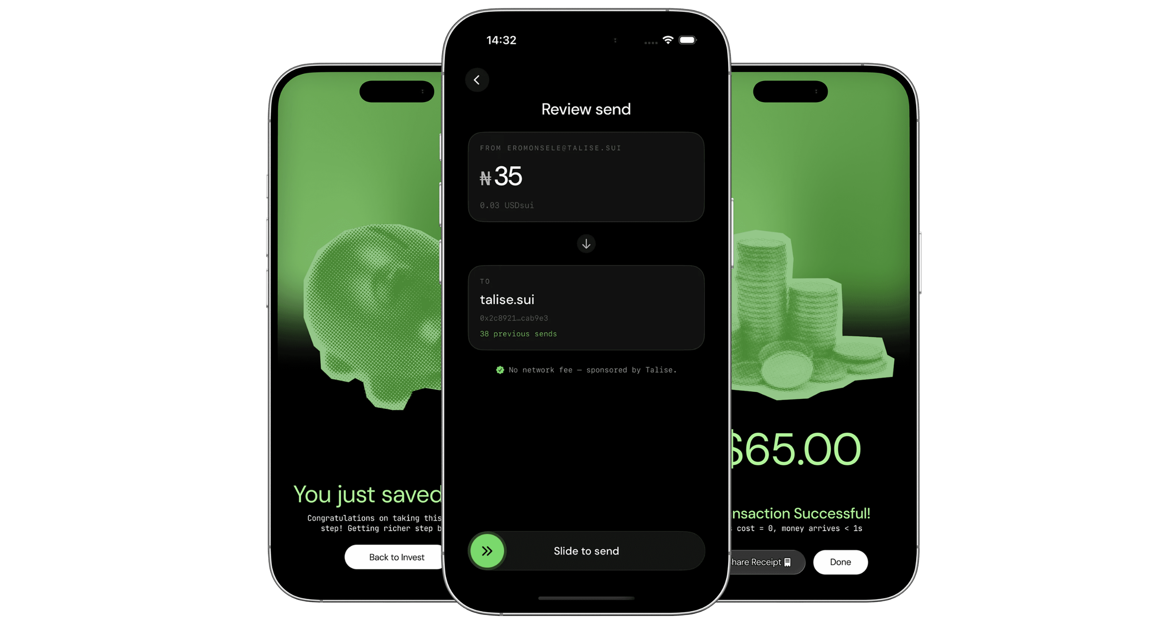 Talise app: a savings screen, reviewing a send to talise.sui, and a successful transfer